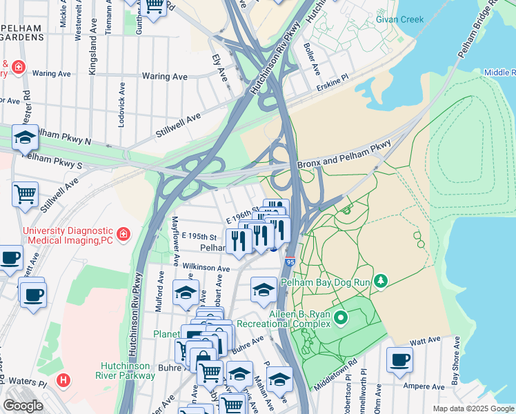 map of restaurants, bars, coffee shops, grocery stores, and more near 2048 Colonial Avenue in The Bronx