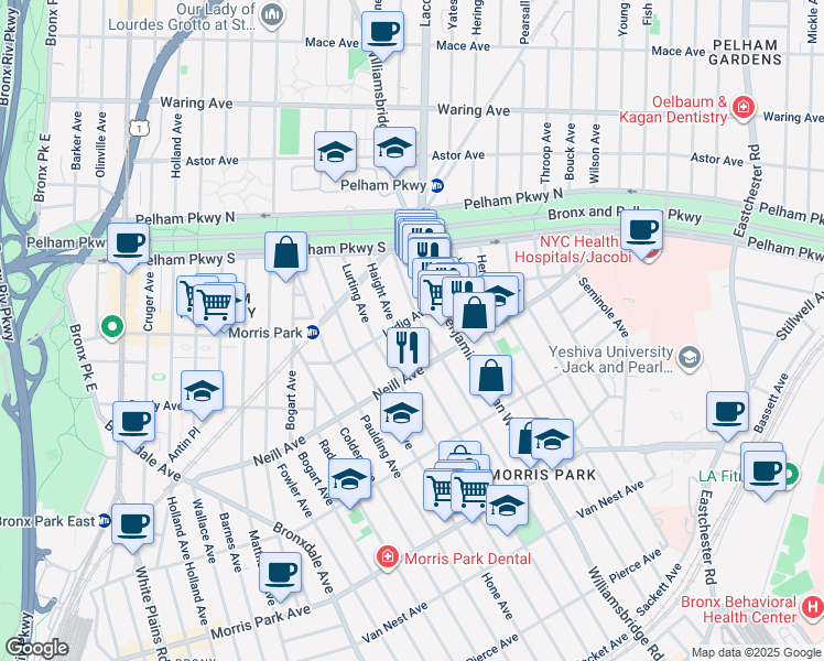 map of restaurants, bars, coffee shops, grocery stores, and more near 2023 Haight Avenue in Bronx