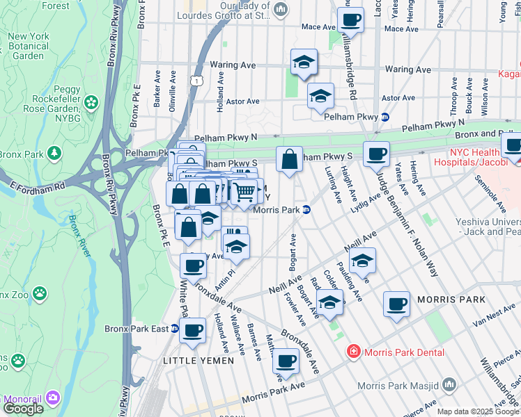 map of restaurants, bars, coffee shops, grocery stores, and more near 2105 Matthews Avenue in Bronx