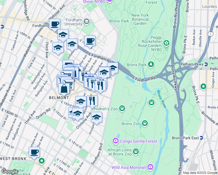 map of restaurants, bars, coffee shops, grocery stores, and more near 2408 Prospect Avenue in Bronx