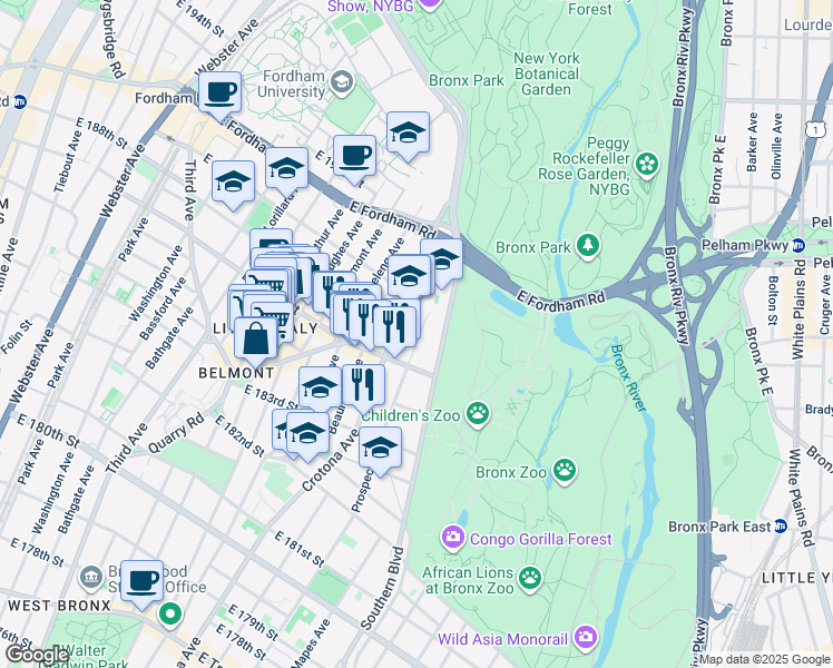 map of restaurants, bars, coffee shops, grocery stores, and more near 2408 Prospect Avenue in Bronx