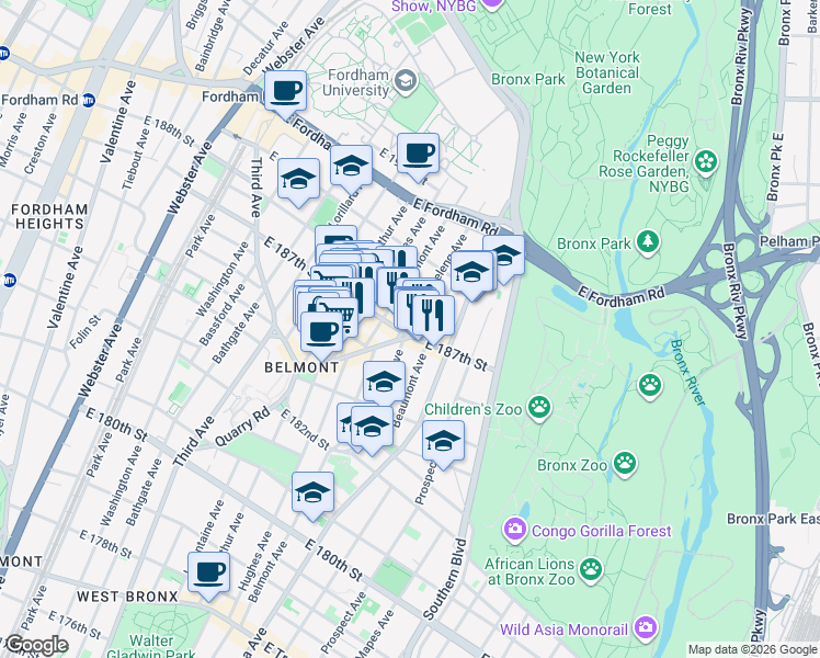 map of restaurants, bars, coffee shops, grocery stores, and more near in The Bronx