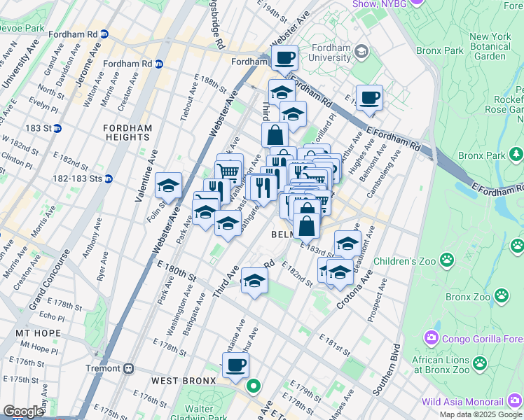 map of restaurants, bars, coffee shops, grocery stores, and more near in The Bronx