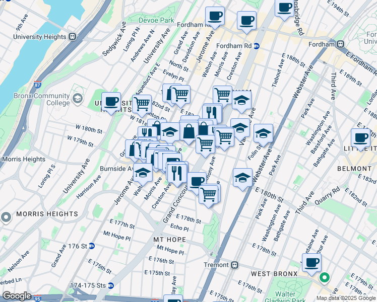 map of restaurants, bars, coffee shops, grocery stores, and more near 2086 Creston Avenue in Bronx