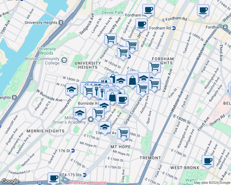 map of restaurants, bars, coffee shops, grocery stores, and more near 2065 Walton Avenue in The Bronx