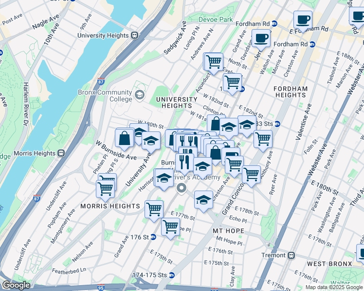 map of restaurants, bars, coffee shops, grocery stores, and more near 49 West Burnside Avenue in The Bronx