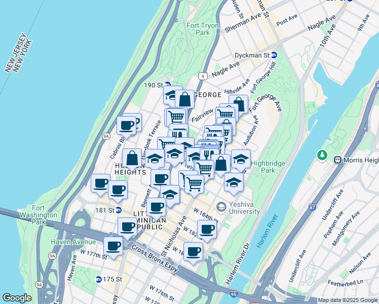 map of restaurants, bars, coffee shops, grocery stores, and more near 295 Wadsworth Avenue in New York