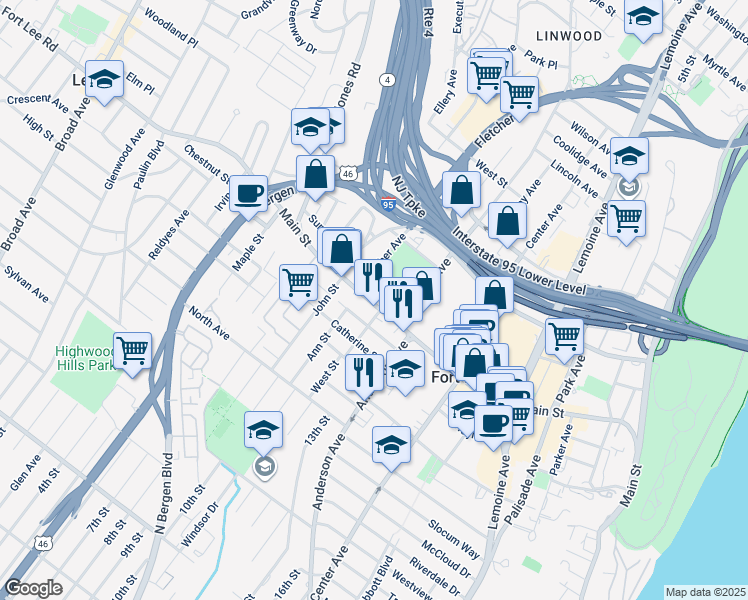 map of restaurants, bars, coffee shops, grocery stores, and more near in Fort Lee