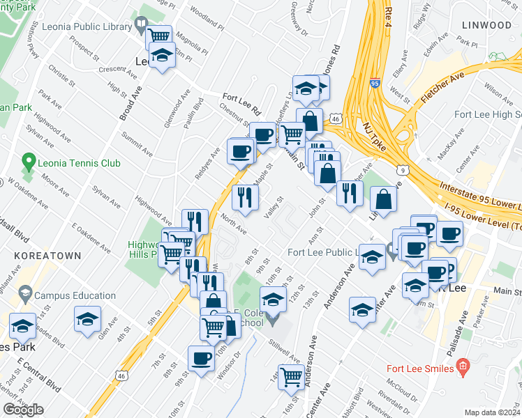 map of restaurants, bars, coffee shops, grocery stores, and more near 1611 Valley Street in Fort Lee
