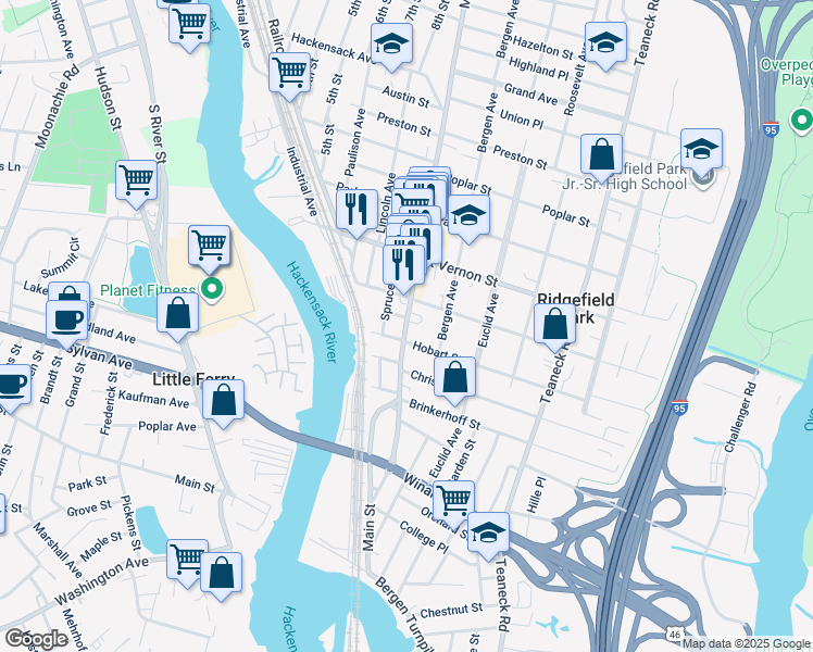 map of restaurants, bars, coffee shops, grocery stores, and more near 44 Hobart Street in Ridgefield Park