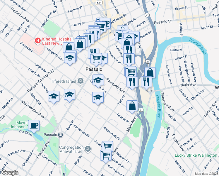 map of restaurants, bars, coffee shops, grocery stores, and more near 149 Lafayette Avenue in Passaic