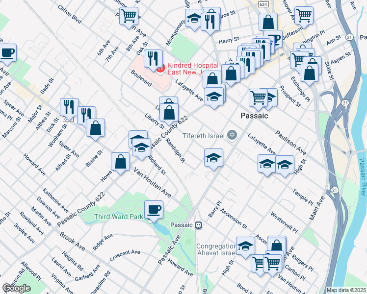 map of restaurants, bars, coffee shops, grocery stores, and more near 19 Offord Street in Passaic