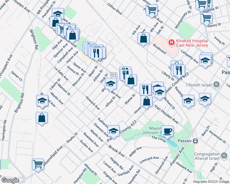 map of restaurants, bars, coffee shops, grocery stores, and more near 13 15speer Avenue in Passaic
