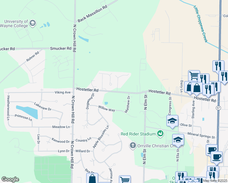 map of restaurants, bars, coffee shops, grocery stores, and more near 1048 Hostetler Road in Orrville