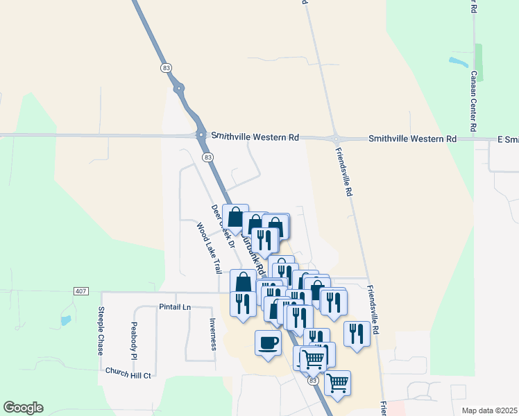 map of restaurants, bars, coffee shops, grocery stores, and more near 4464 Burbank Road in Wooster