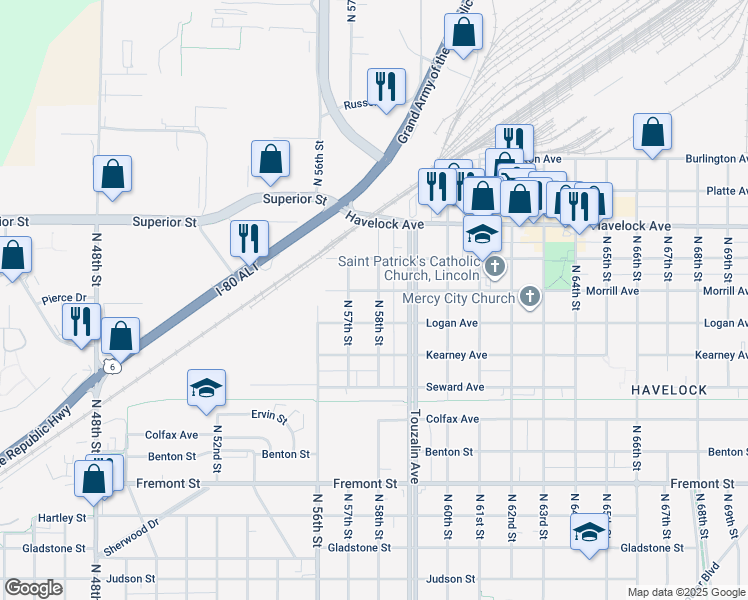 map of restaurants, bars, coffee shops, grocery stores, and more near 5736 Logan Avenue in Lincoln