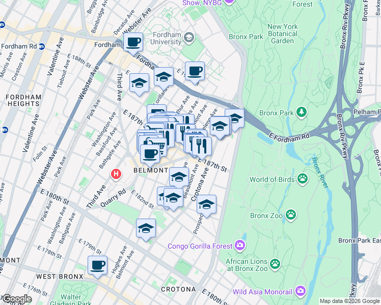 map of restaurants, bars, coffee shops, grocery stores, and more near in The Bronx
