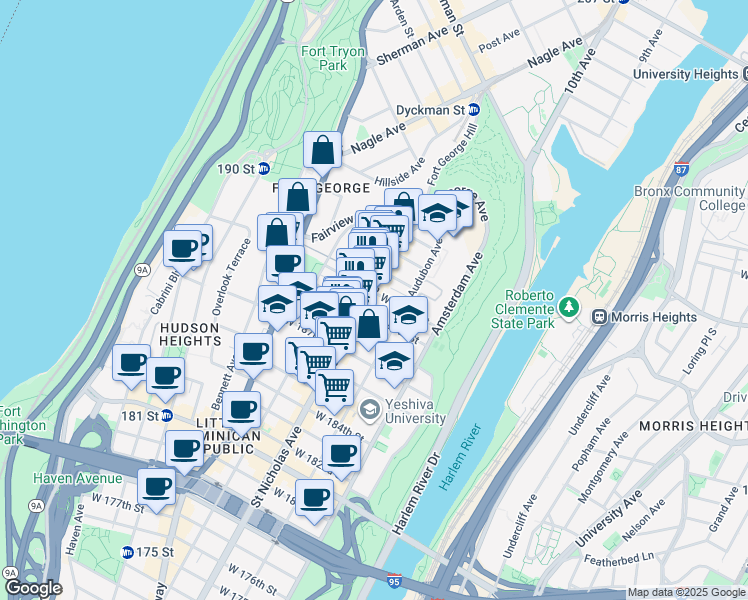 map of restaurants, bars, coffee shops, grocery stores, and more near 559 West 189th Street in New York