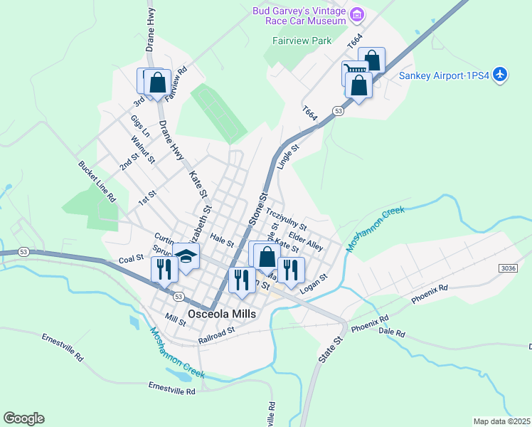 map of restaurants, bars, coffee shops, grocery stores, and more near 305 Trcziyulny Street in Osceola Mills