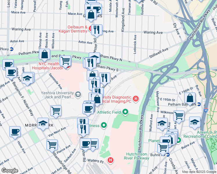 map of restaurants, bars, coffee shops, grocery stores, and more near 1559B Bassett Avenue in The Bronx