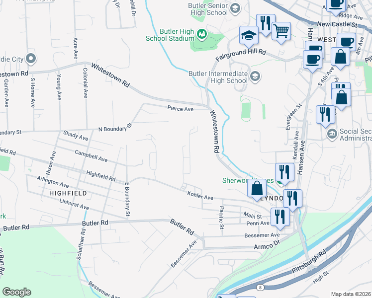 map of restaurants, bars, coffee shops, grocery stores, and more near 117 Rothen Avenue in Butler