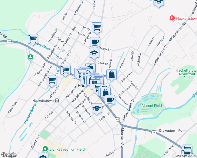 map of restaurants, bars, coffee shops, grocery stores, and more near 205 East Moore Street in Hackettstown