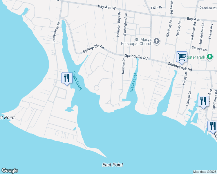 map of restaurants, bars, coffee shops, grocery stores, and more near 24 Oak Lane in Hampton Bays