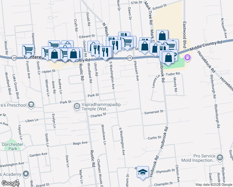 map of restaurants, bars, coffee shops, grocery stores, and more near 45 South Washington Avenue in Centereach