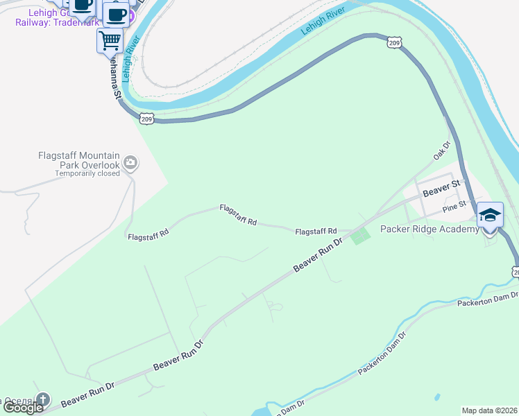 map of restaurants, bars, coffee shops, grocery stores, and more near 259-459 Flagstaff Road in Lehighton