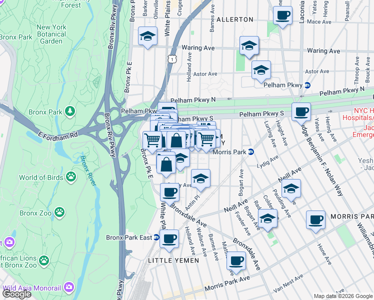 map of restaurants, bars, coffee shops, grocery stores, and more near 2139 Holland Avenue in Bronx