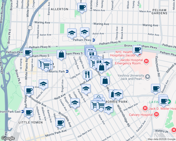 map of restaurants, bars, coffee shops, grocery stores, and more near 2023 Haight Avenue in Bronx