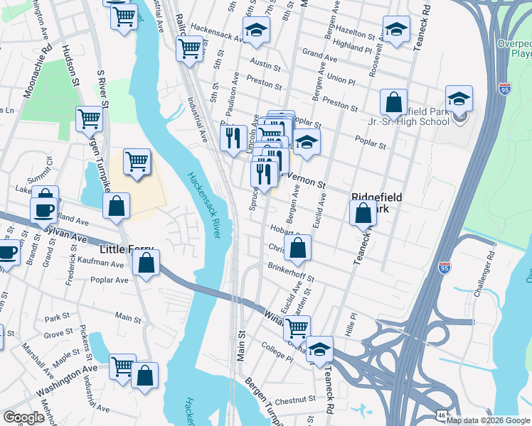 map of restaurants, bars, coffee shops, grocery stores, and more near 44 Hobart Street in Ridgefield Park