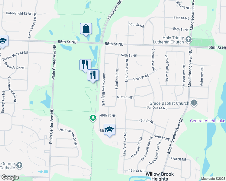 map of restaurants, bars, coffee shops, grocery stores, and more near 5105 Schuller Drive Northeast in Canton