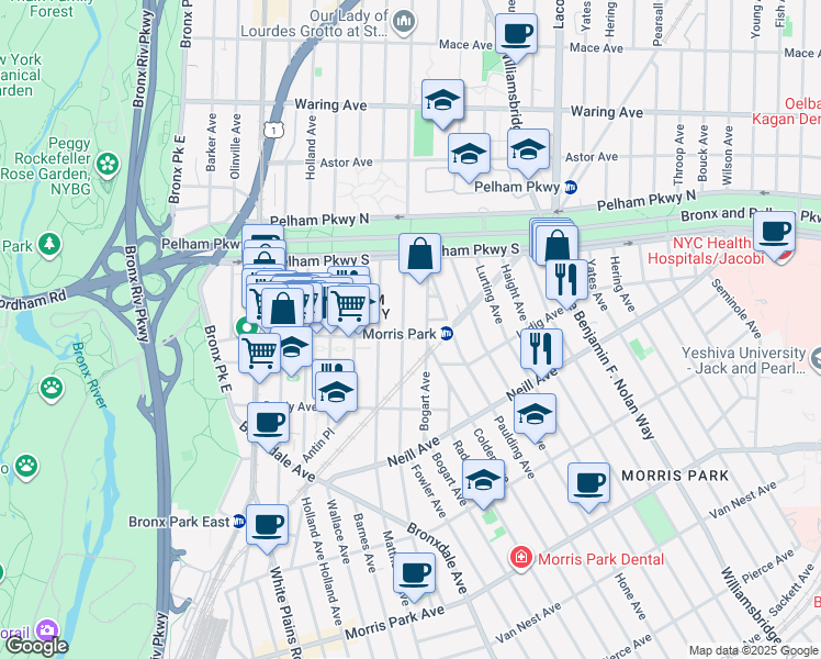 map of restaurants, bars, coffee shops, grocery stores, and more near 2126 Muliner Avenue in Bronx