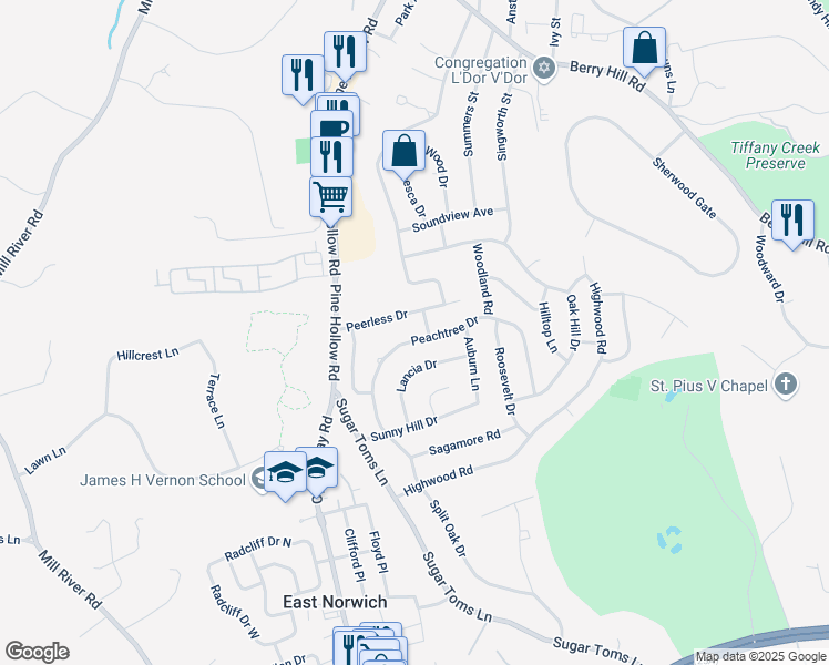 map of restaurants, bars, coffee shops, grocery stores, and more near 92 Lancia Drive in East Norwich
