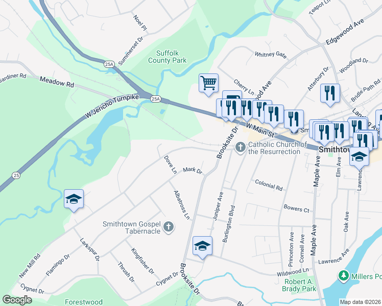 map of restaurants, bars, coffee shops, grocery stores, and more near 3 Mark Drive in Smithtown