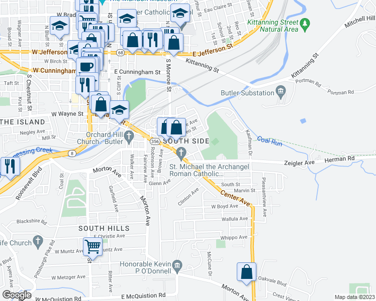 map of restaurants, bars, coffee shops, grocery stores, and more near 106 Divet Street in Butler