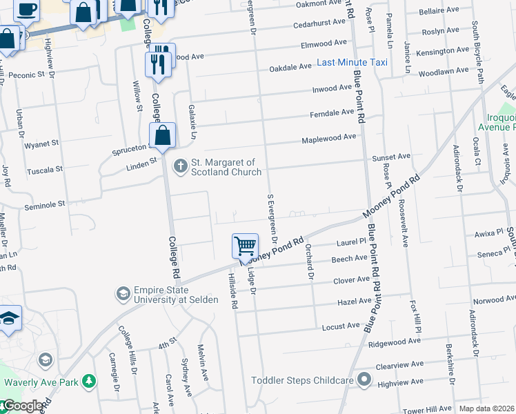 map of restaurants, bars, coffee shops, grocery stores, and more near 66 Hollywood Avenue in Selden
