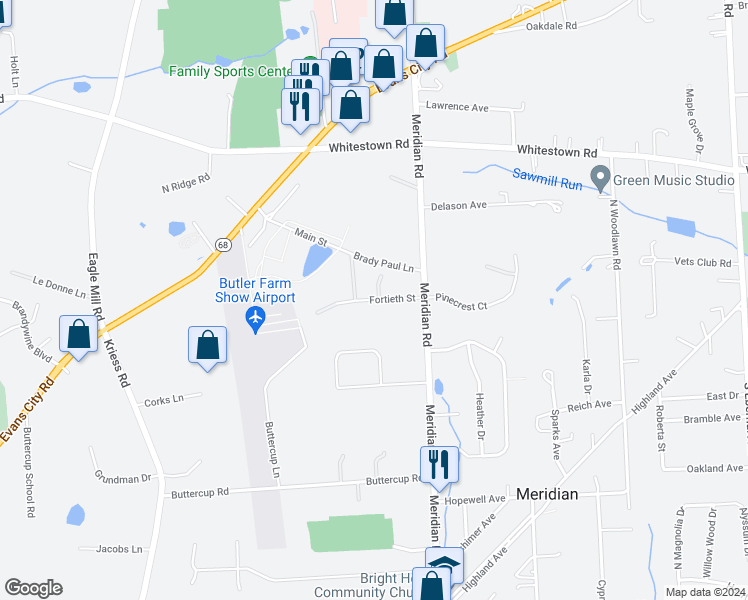 map of restaurants, bars, coffee shops, grocery stores, and more near Fortieth Street in Butler