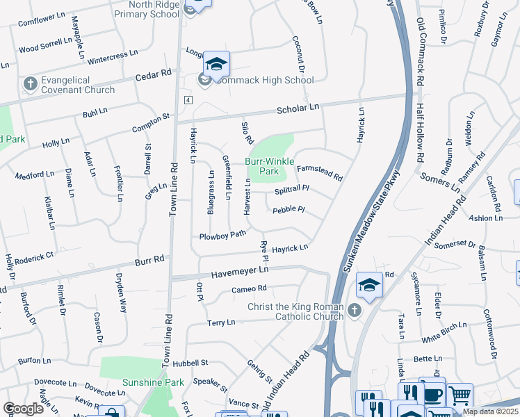 map of restaurants, bars, coffee shops, grocery stores, and more near 35 Harvest Lane in Commack