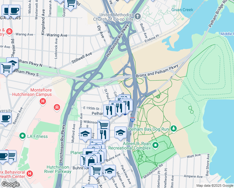 map of restaurants, bars, coffee shops, grocery stores, and more near 2048 Colonial Avenue in The Bronx
