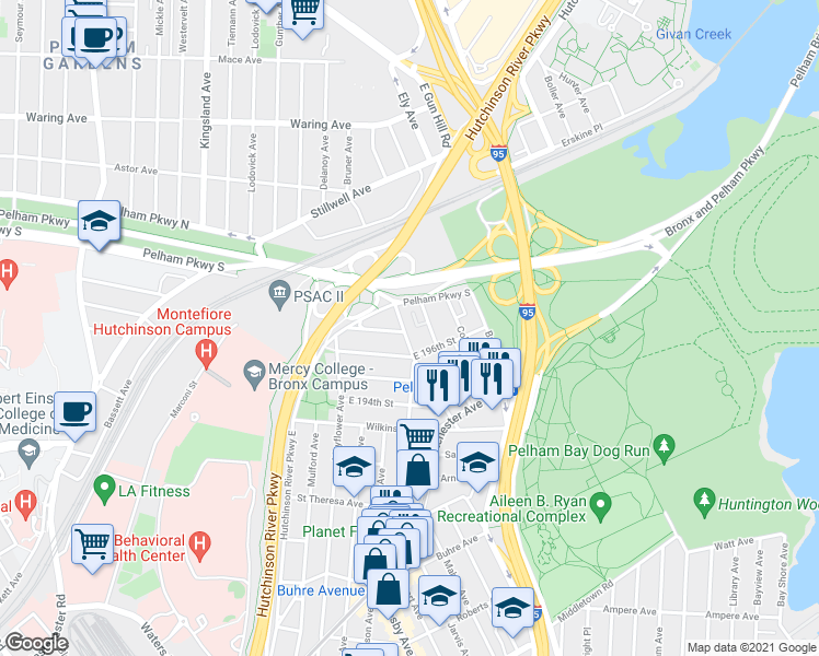 map of restaurants, bars, coffee shops, grocery stores, and more near 2889 East 196th Street in Bronx