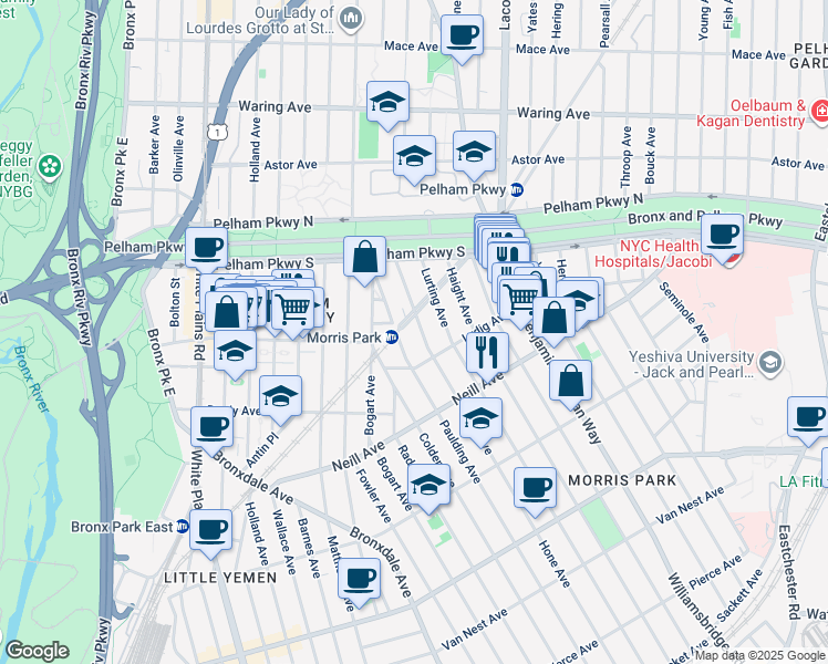 map of restaurants, bars, coffee shops, grocery stores, and more near 2121A Paulding Avenue in Bronx