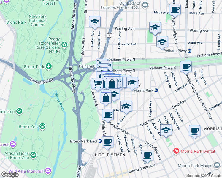 map of restaurants, bars, coffee shops, grocery stores, and more near 2122 White Plains Road in Bronx