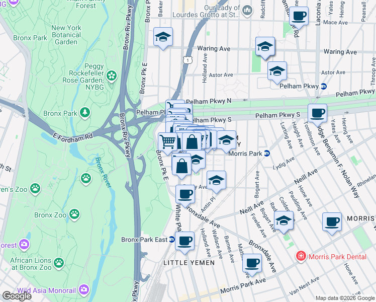 map of restaurants, bars, coffee shops, grocery stores, and more near 2122 White Plains Road in Bronx