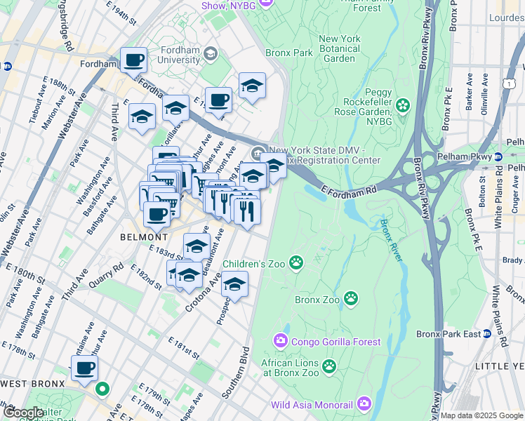 map of restaurants, bars, coffee shops, grocery stores, and more near 2408 Prospect Avenue in Bronx