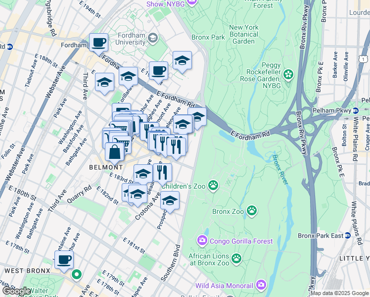 map of restaurants, bars, coffee shops, grocery stores, and more near 2408 Prospect Avenue in Bronx