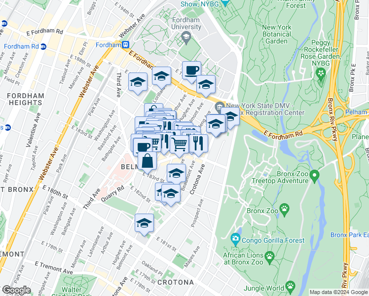 map of restaurants, bars, coffee shops, grocery stores, and more near in The Bronx