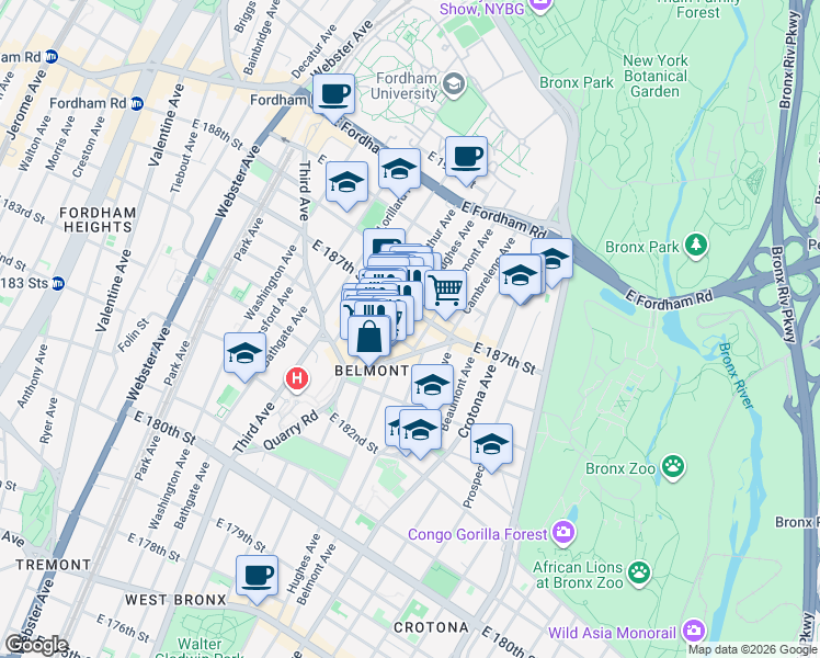 map of restaurants, bars, coffee shops, grocery stores, and more near 631 Crescent Avenue in Bronx