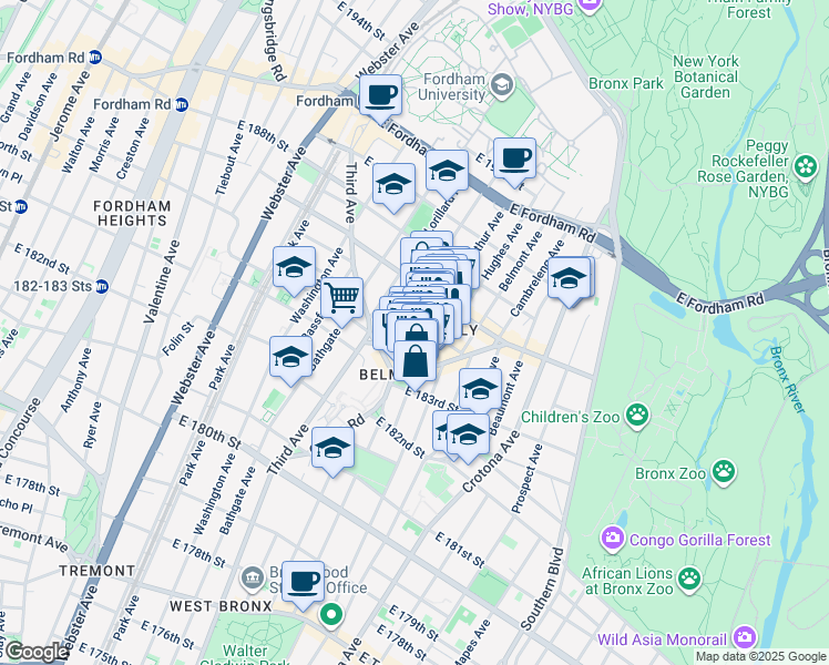 map of restaurants, bars, coffee shops, grocery stores, and more near 2334 Arthur Avenue in Bronx